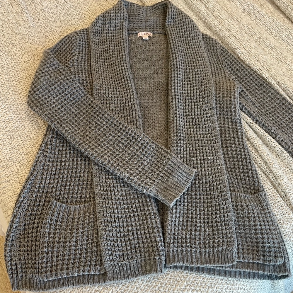 Gray Merona waffle knit cardigan with pockets. Size M
